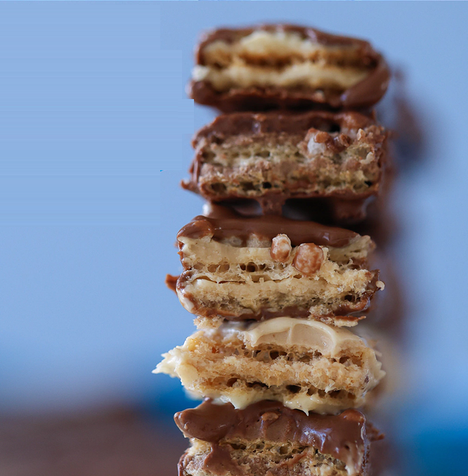 Pile of Chocowheyfer bars on a white background
